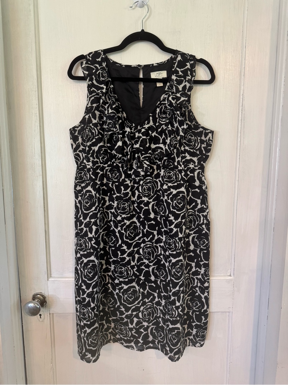 LOFT Black & White Rose-Print Sleeveless Midi Dress